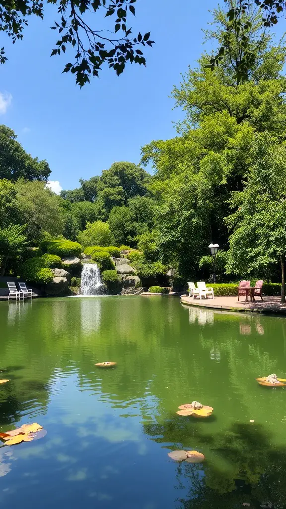 19 Stunning Large Backyard Layout Ideas to Transform Your Outdoor Space 4 A serene backyard pond with a waterfall surrounded by lush greenery and seating areas.
