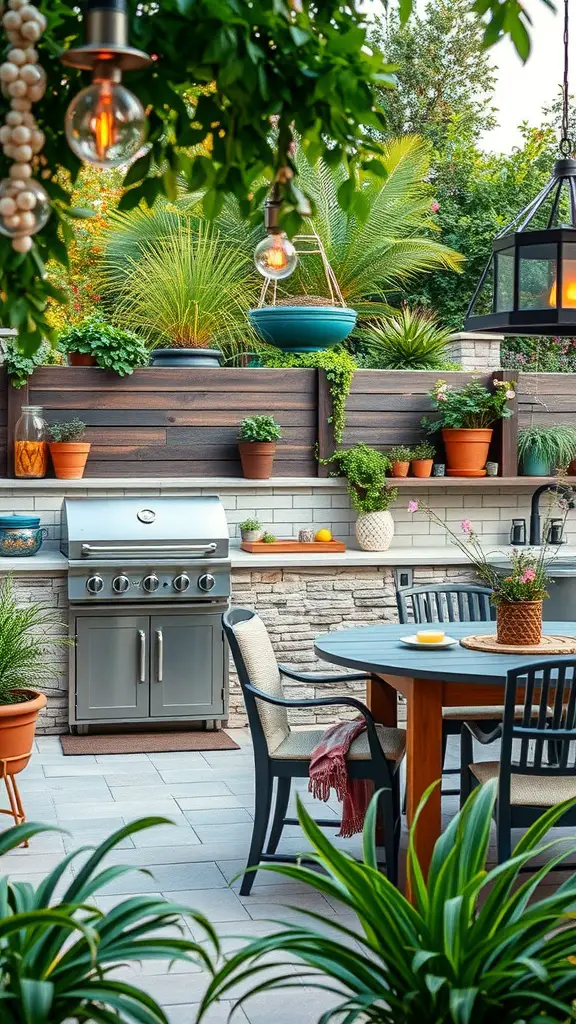13 Stunning Backyard Makeover Ideas for Your Outdoor Oasis 13 Outdoor kitchen with a grill, a dining table, and potted plants