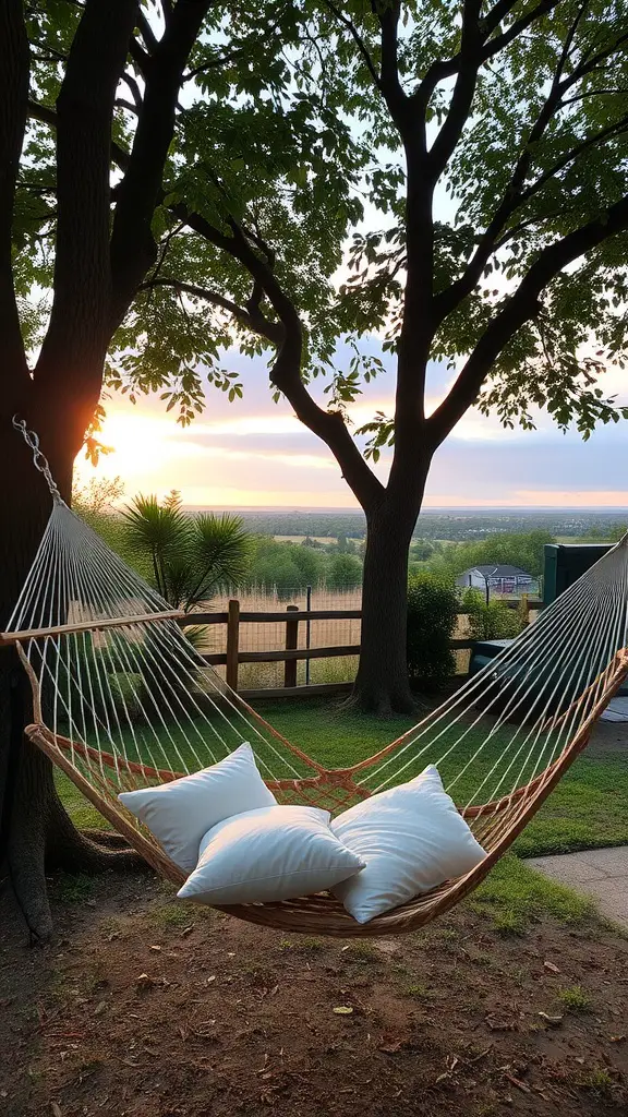 23 Creative DIY Projects to Transform Your Backyard 9 A hammock between two trees at sunset with plush pillows