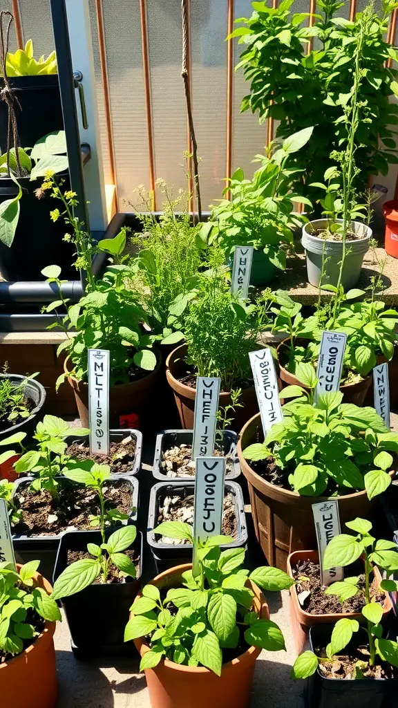 23 Creative DIY Projects to Transform Your Backyard 13 A garden with various herbs in pots, each labeled and thriving in sunlight.