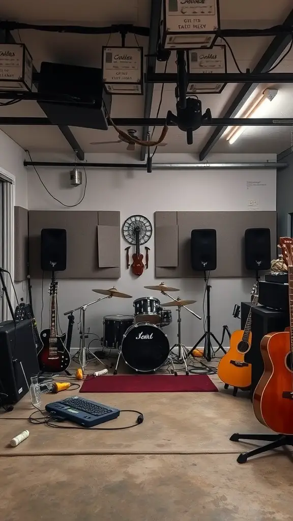 25 Creative Garage Living Space Ideas to Transform Your Home 17 A music studio setup in a garage with instruments including drums, guitars, and soundproof panels.