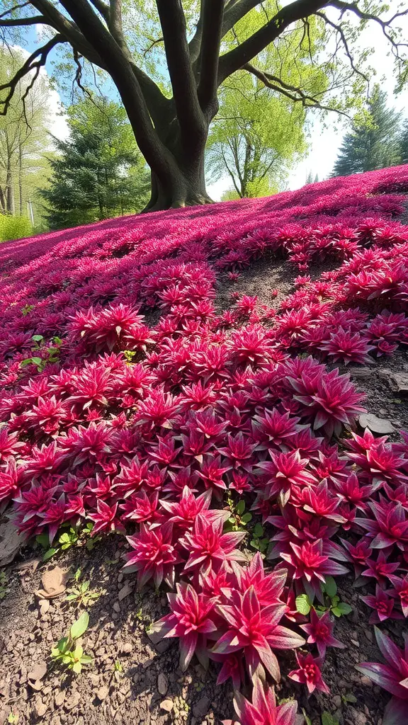 A vibrant display of pink ground covers under a large tree, showcasing a beautiful landscape.