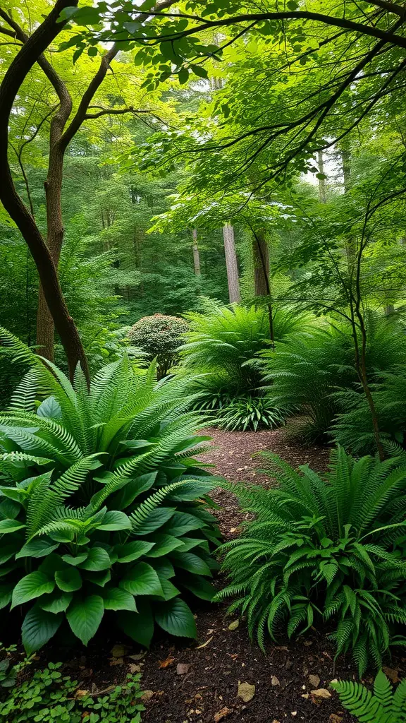 15 Inspiring Forest Garden Ideas for Your Outdoor Space 16 A lush forest garden featuring various shade-loving plants including ferns and hostas.