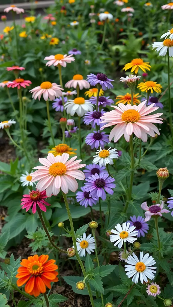 A colorful garden with various shade-tolerant perennials in full bloom, including daisies in pink, purple, and orange.