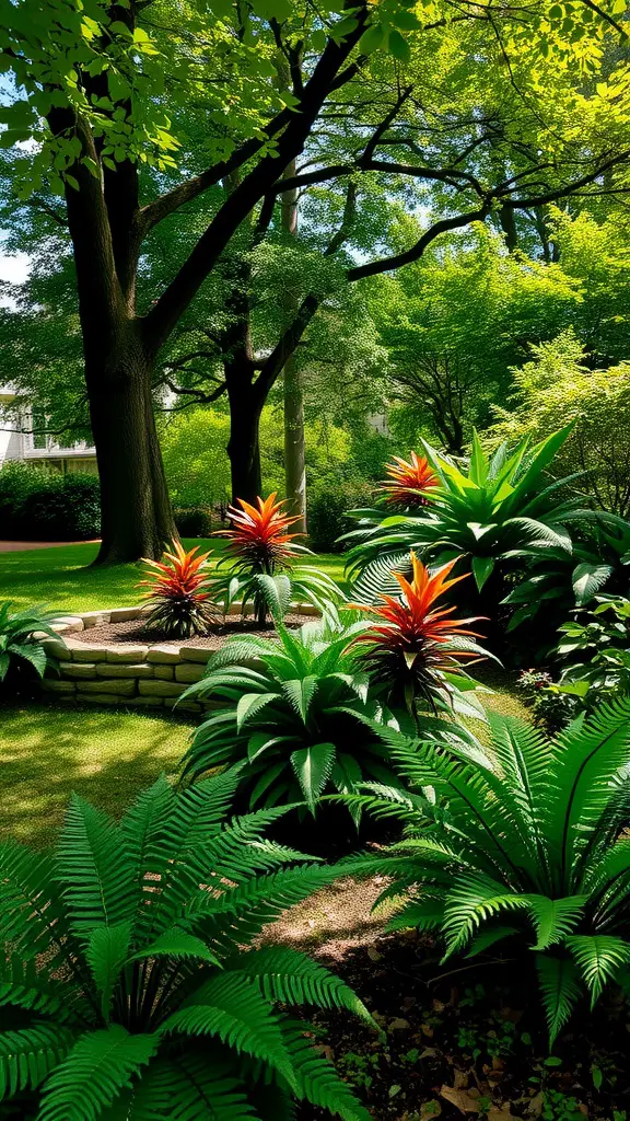 Lush green shade garden with vibrant tropical plants and a stone circle