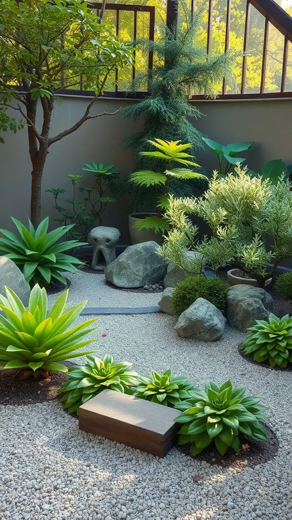 A serene zen garden featuring various shade plants, rocks, and a wooden bench.