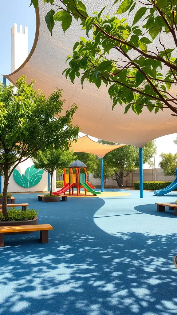 23 Creative Playground Landscaping Ideas for Endless Fun 7 Playground with colorful slides, shaded by large sunshades and trees.