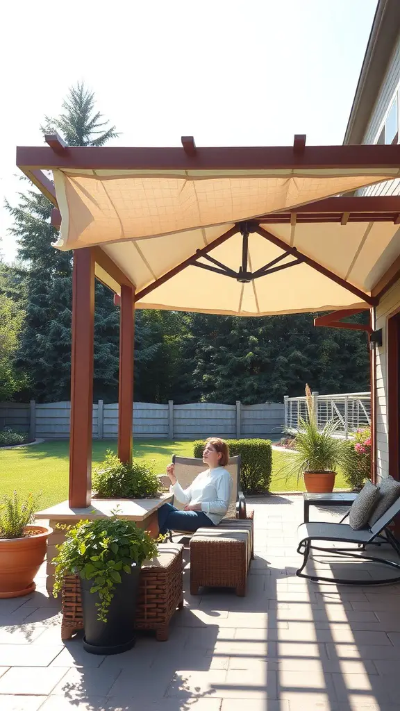 A woman sits under a beige canopy on a patio surrounded by potted plants, enjoying the shade on a sunny day.