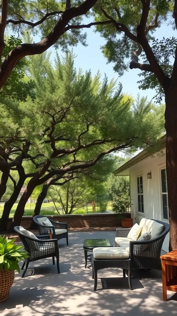 A shaded patio area with comfortable seating surrounded by lush trees