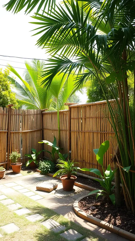 A backyard with bamboo fencing and green plants in pots