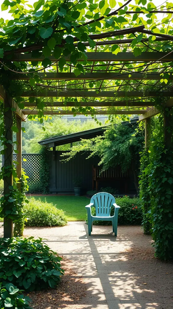 27 Creative Enclosed Garden Ideas for Your Outdoor Oasis 16 A shaded garden retreat with a pergola draped in greenery, featuring a teal chair and a well-maintained path.
