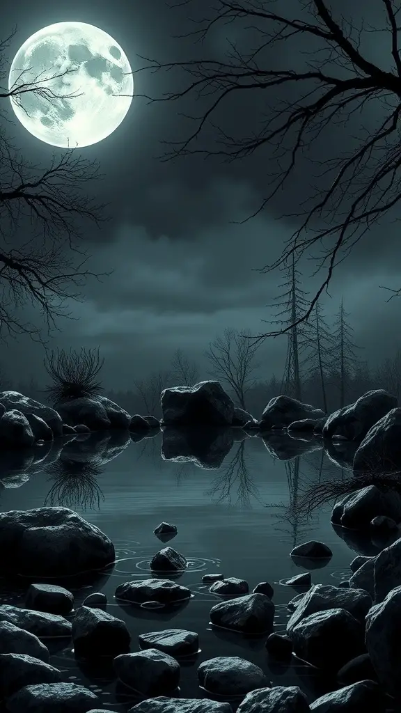A tranquil pond under a full moon, surrounded by dark trees and rocks.