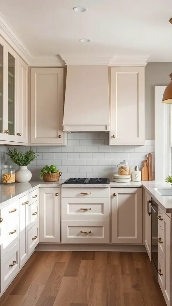 Farmhouse kitchen featuring shaker cabinets in soft pastels with wooden accents and modern appliances.