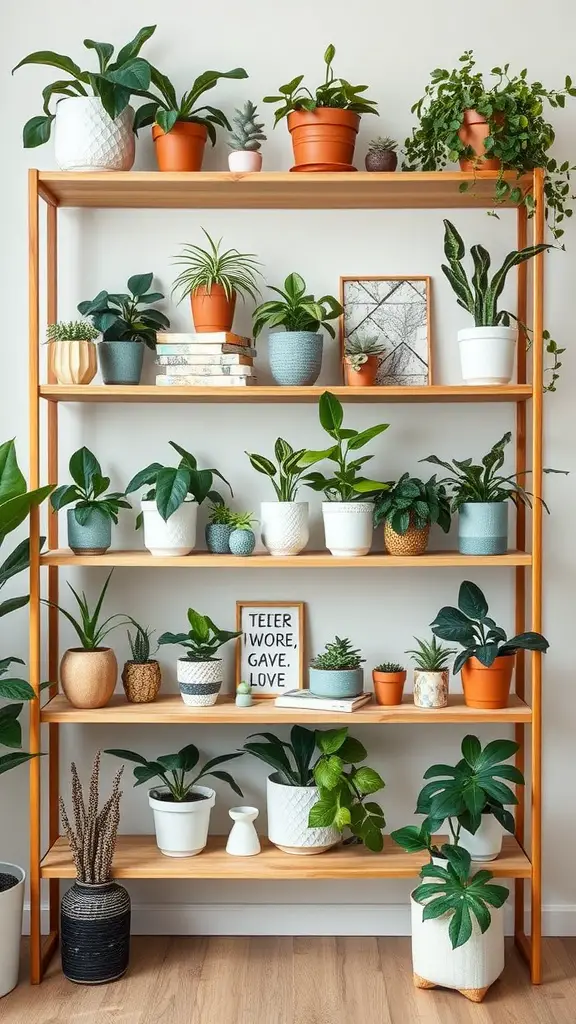 A wooden shelving unit filled with various house plants in colorful pots, creating a vibrant indoor display.