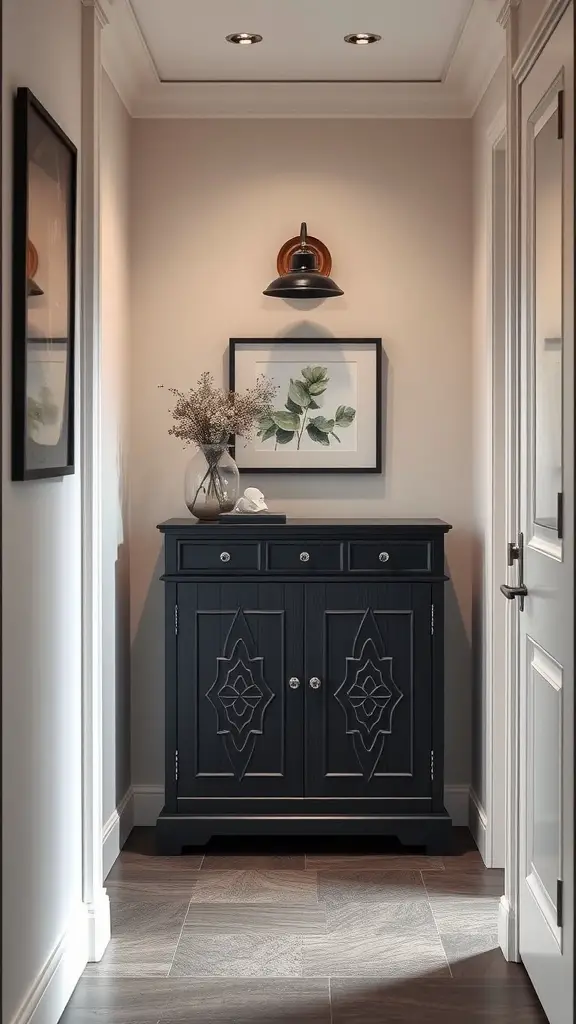 21 Creative Shoe Storage Ideas for Every Space 11 A black shoe cabinet with decorative doors placed in a hallway, complemented by a lamp and a vase of flowers.