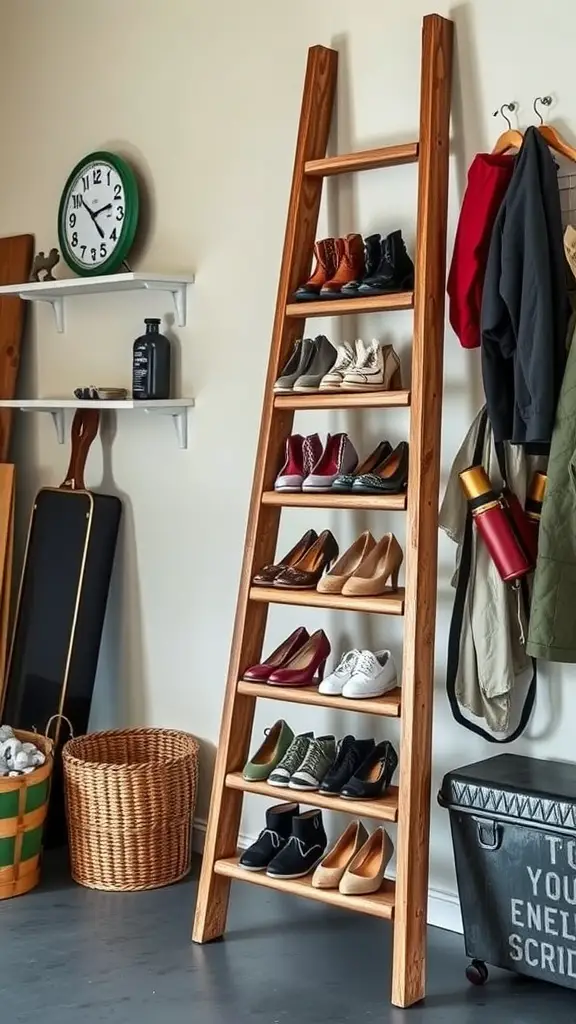A wooden ladder with various shoes displayed on its steps, set against a simple garage background.
