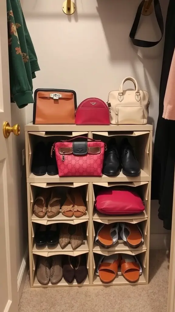 A shoe organizer in a closet displaying various purses on the top shelves and shoes on the bottom shelves.