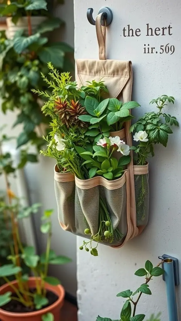 15 Creative Repurposed Items to Transform Your Garden 14 A hanging shoe organizer filled with various herbs and plants, demonstrating a vertical garden setup.