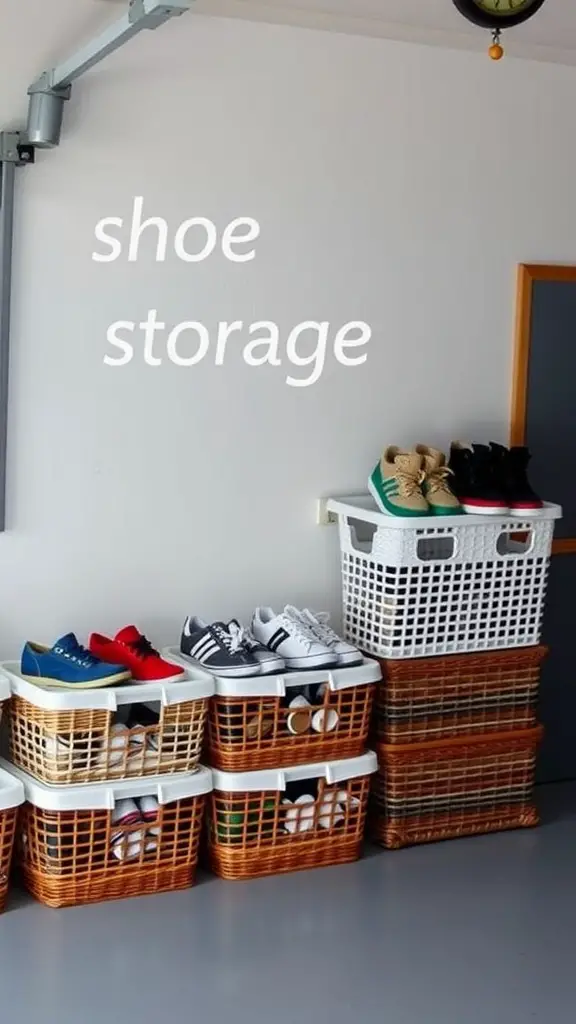 Shoe storage in a garage with organized baskets