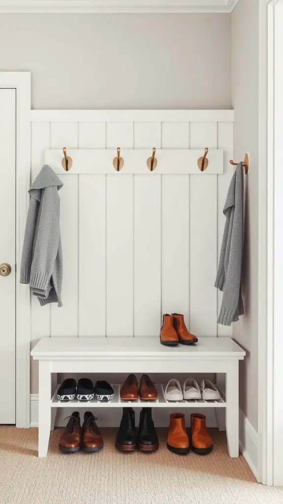 21 Creative Shoe Storage Ideas for Every Space 4 A white shoe rack with built-in seating, showcasing neatly arranged shoes and wall hooks for hanging coats.