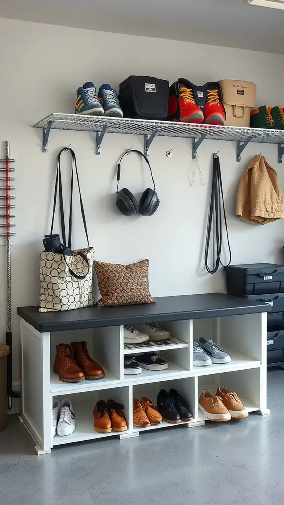 A stylish shoe storage bench in a garage with various shoes displayed underneath and bags on top.