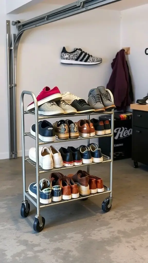 A metal shoe storage cart with wheels, holding various types of shoes, in a garage setting.