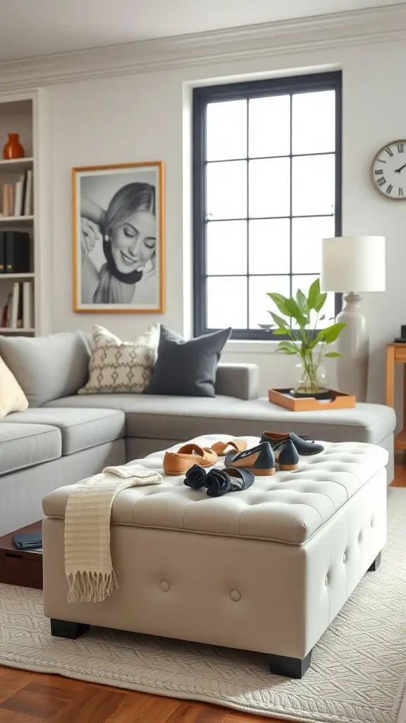 21 Creative Shoe Storage Ideas for Every Space 8 A stylish shoe storage ottoman in a cozy living room with shoes placed on top.