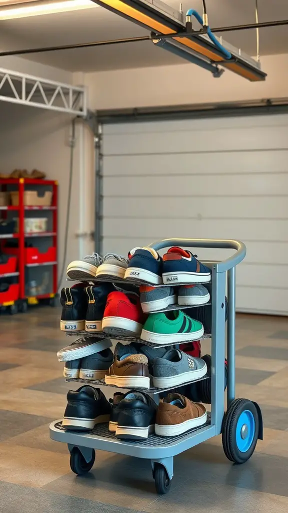 A shoe trolley in a garage, showcasing multiple pairs of shoes organized on shelves.