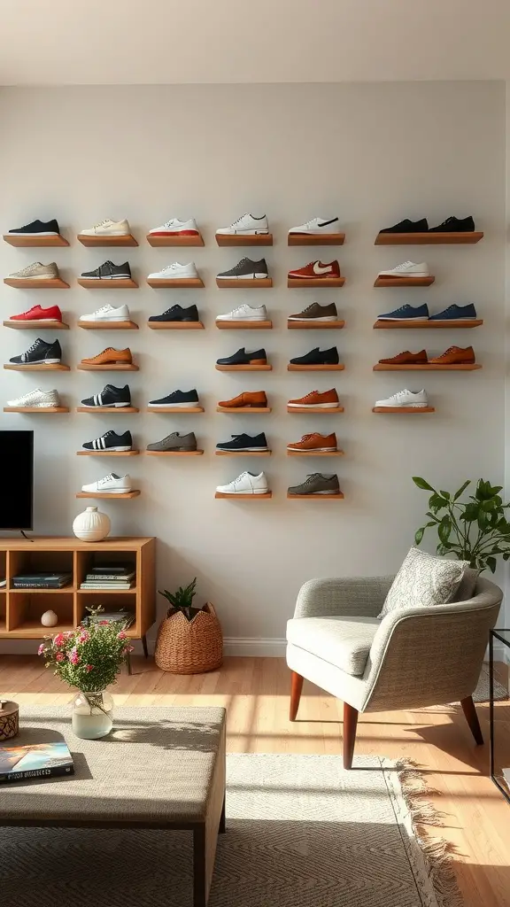 21 Creative Shoe Storage Ideas for Every Space 17 Shoe wall art display featuring a variety of shoes on wooden shelves