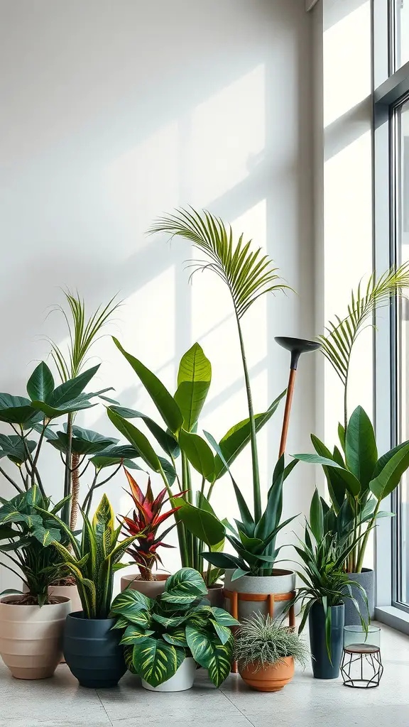 19 Indoor Plant Styling Ideas to Elevate Your Space 12 A collection of architectural indoor plants in various pots beside a large window