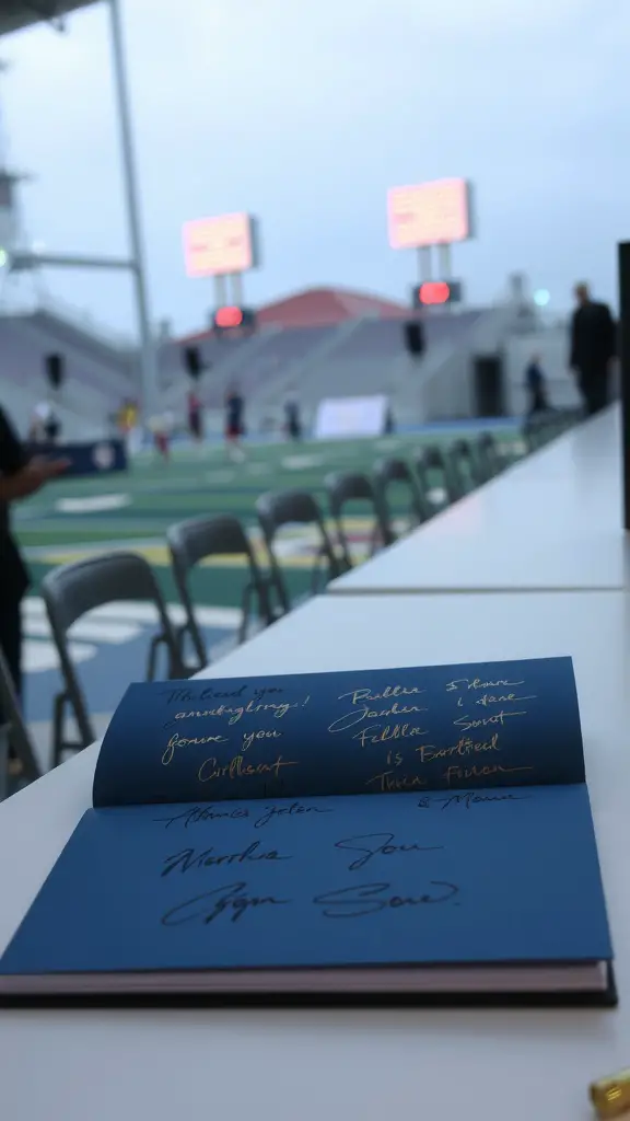 A signature book displayed on a table at a signing day event, featuring multiple signatures in gold ink.
