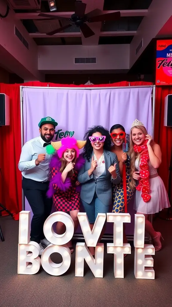 A group of five friends posing in a colorful photo booth with fun props, smiling and enjoying their time together.