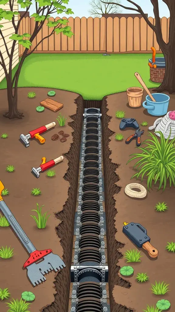 23 Creative French Drain Ideas for Effective Water Management 6 A DIY setup for a French drain installation showing tools and a trench in a yard.