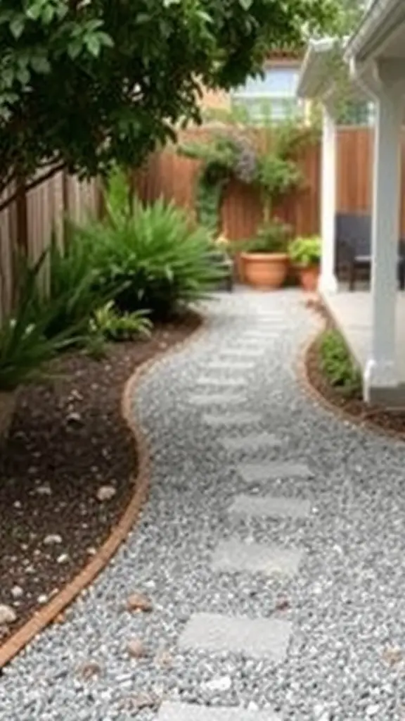 23 Affordable Backyard Patio Ideas to Transform Your Outdoor Space 17 A winding gravel pathway with stepping stones surrounded by plants and trees.