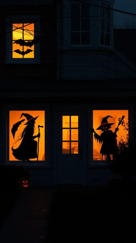 Silhouettes of witches and bats in windows with orange light