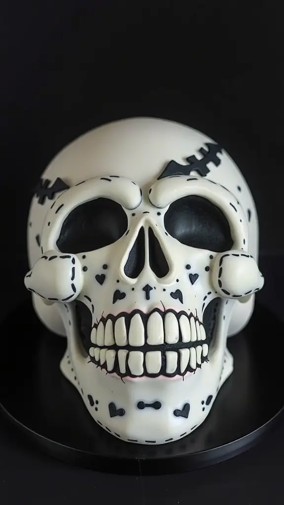21 Spooktacular Goth Baby Shower Ideas You’ll Love 12 A decorative skull-shaped cake with detailed designs, perfect for a goth baby shower.