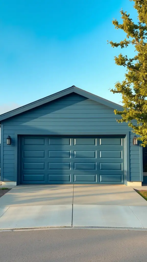 A garage door painted slate blue, set against a clear sky and a tree.