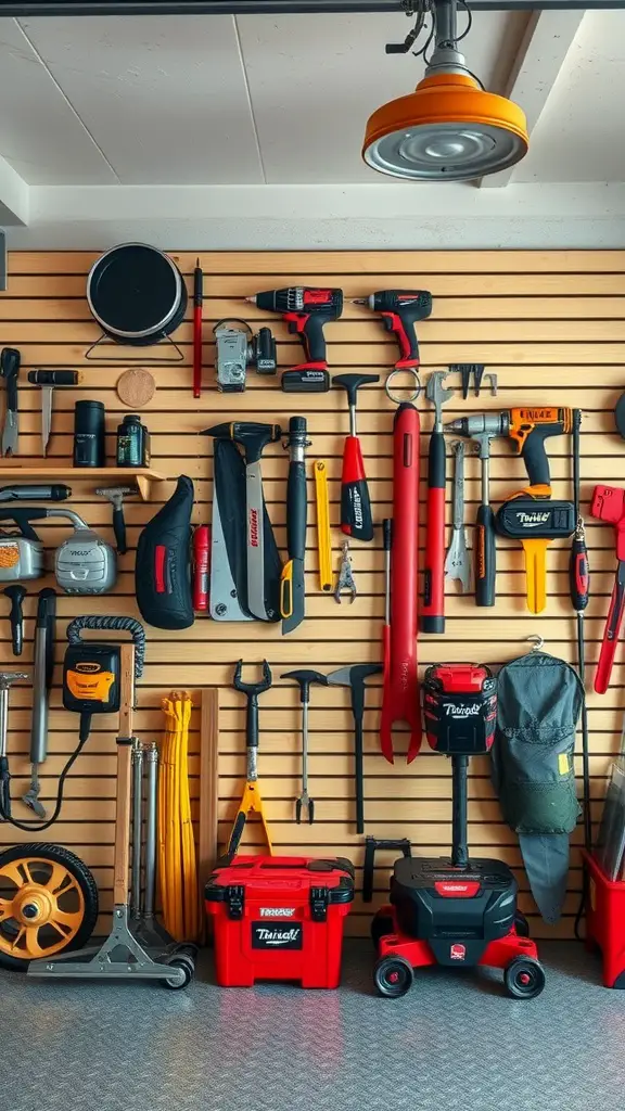 21 Creative Garage Storage Ideas You Need to Try 13 A wall of slatwall panels displaying various tools and storage containers in a garage setting.