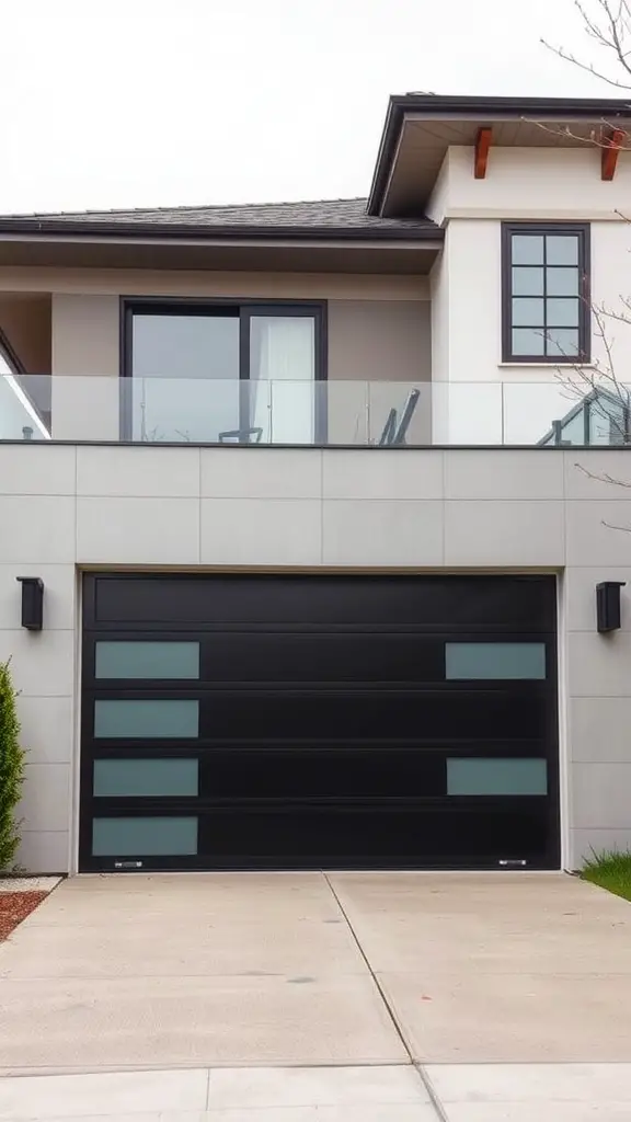27 Stunning Modern Garage Door Designs You’ll Love 8 A sleek black aluminum and glass garage door with horizontal panels, set against a modern home.