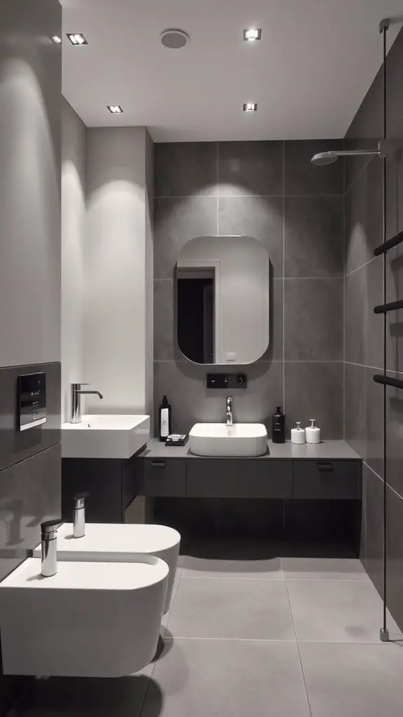 A modern bathroom with sleek finishes, gray tiles, a stylish mirror, and elegant fixtures.