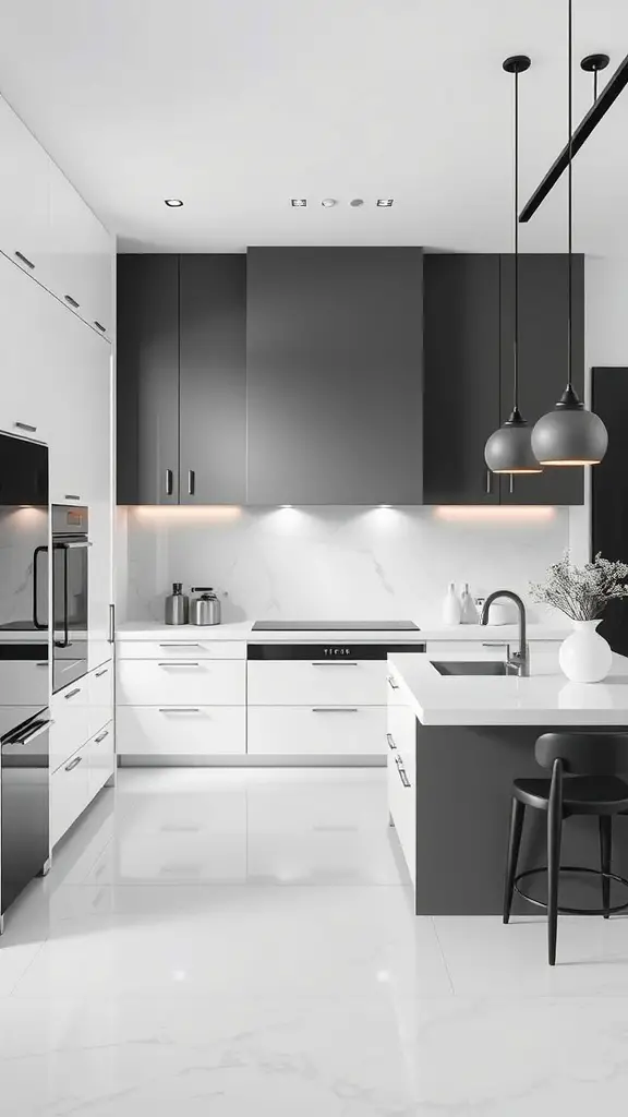 21 Stunning Luxury Kitchen Design Ideas for Your Dream Home 10 A sleek minimalist kitchen showcasing a blend of black and white cabinetry with modern lighting.