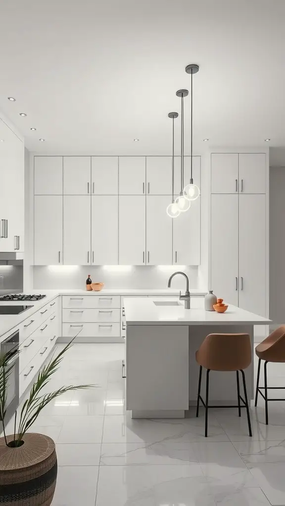 23 Stunning Modern Kitchen Ideas You Need to See 10 A sleek, modern minimalist kitchen with white cabinets, a large island, and bar stools.