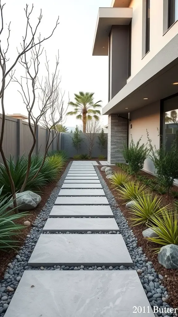 17 Stunning Modern Front Yard Landscape Designs You Need to See 5 A minimalist pathway made of flat stones, surrounded by pebbles and low-maintenance plants.