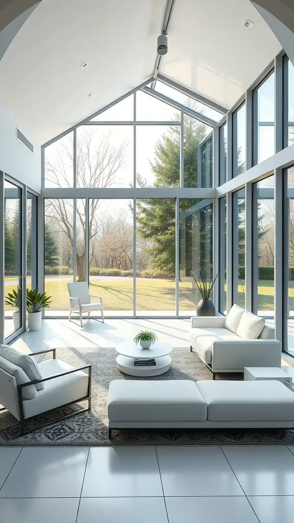 19 Stunning Indoor Sunroom Ideas You’ll Love 5 A modern sunroom with large windows, minimalist furniture including a white sectional sofa and a round coffee table, and a view of greenery outside.