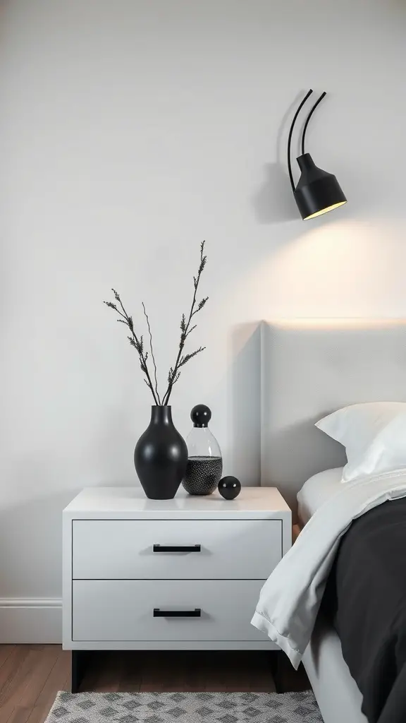 21 Stunning Bedside Table Ideas for Every Style 13 Sleek modern bedside table with white drawers, black handles, decorative vases, and a wall lamp.