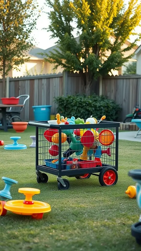 23 Creative Outdoor Toy Storage Ideas for a Clutter-Free Yard 11 A colorful rolling cart filled with outdoor toys on a grassy lawn.