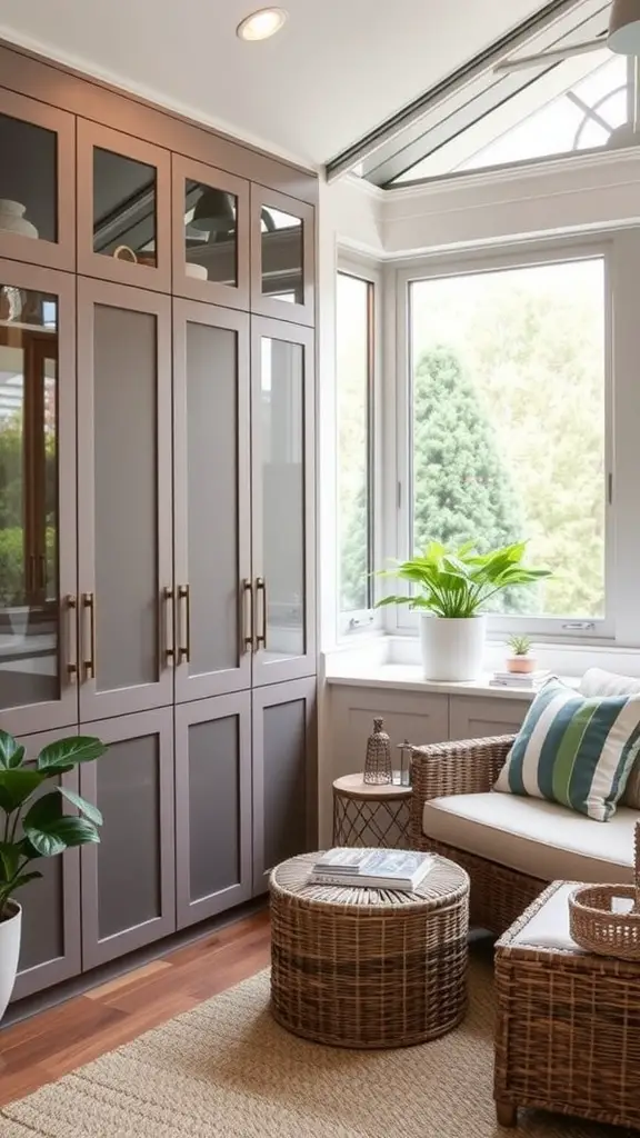A stylish sunroom featuring sleek storage cabinets, wicker furniture, and plants.