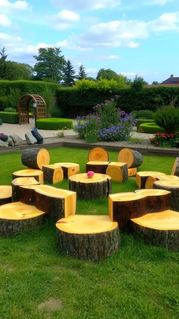 15 Creative Repurposed Items to Transform Your Garden 17 A garden with sliced logs arranged as seating in a circular formation, surrounded by lush greenery and flowers.
