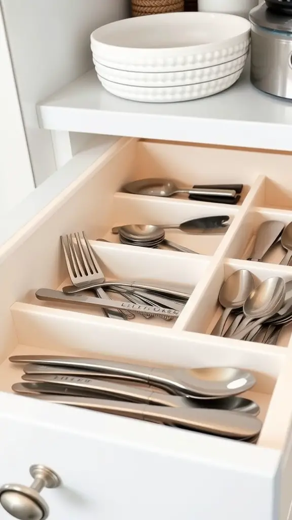 17 Genius Storage Solutions for Small Kitchens 2 A kitchen drawer with sliding dividers neatly organizing various utensils.