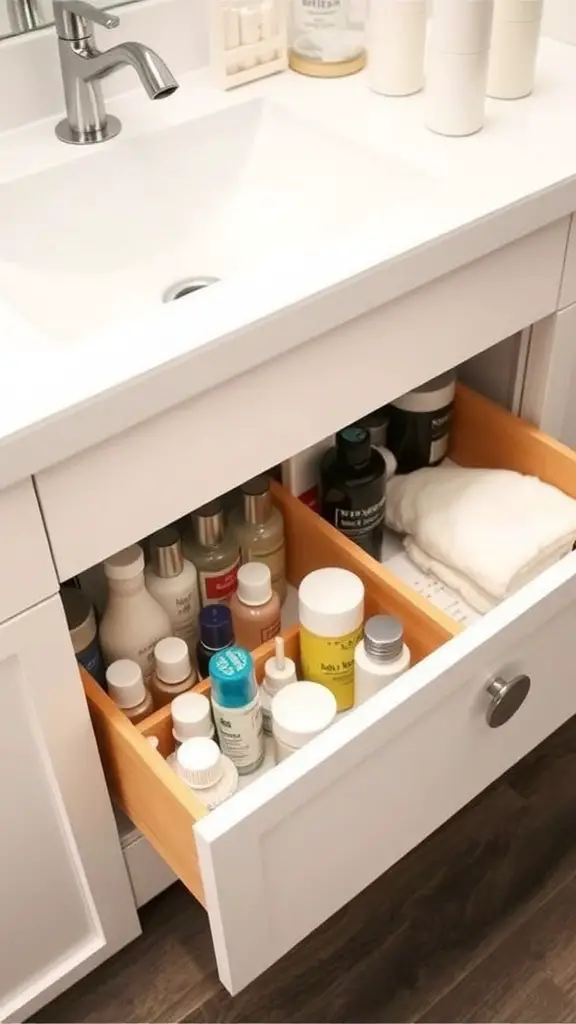 Organized sliding drawer in a bathroom with various toiletries and towels.